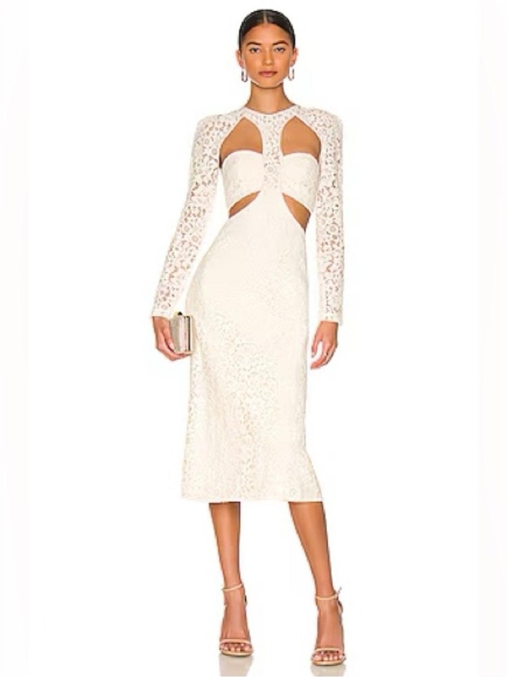 Bardot Ivory Cutout Lace Panel Cocktail Long-Sleeve Midi Dress